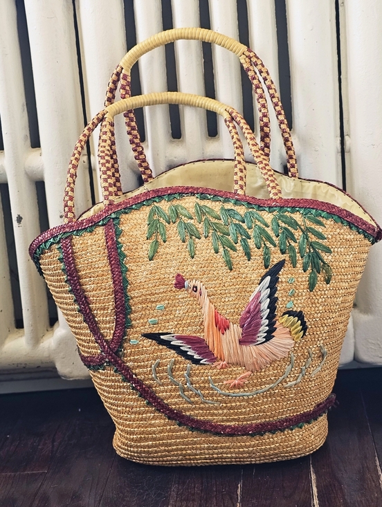 Vintage Handbags - Vintage 1970s Embroidered Straw Tote Bag Beach Bag Bird & Willow Tree